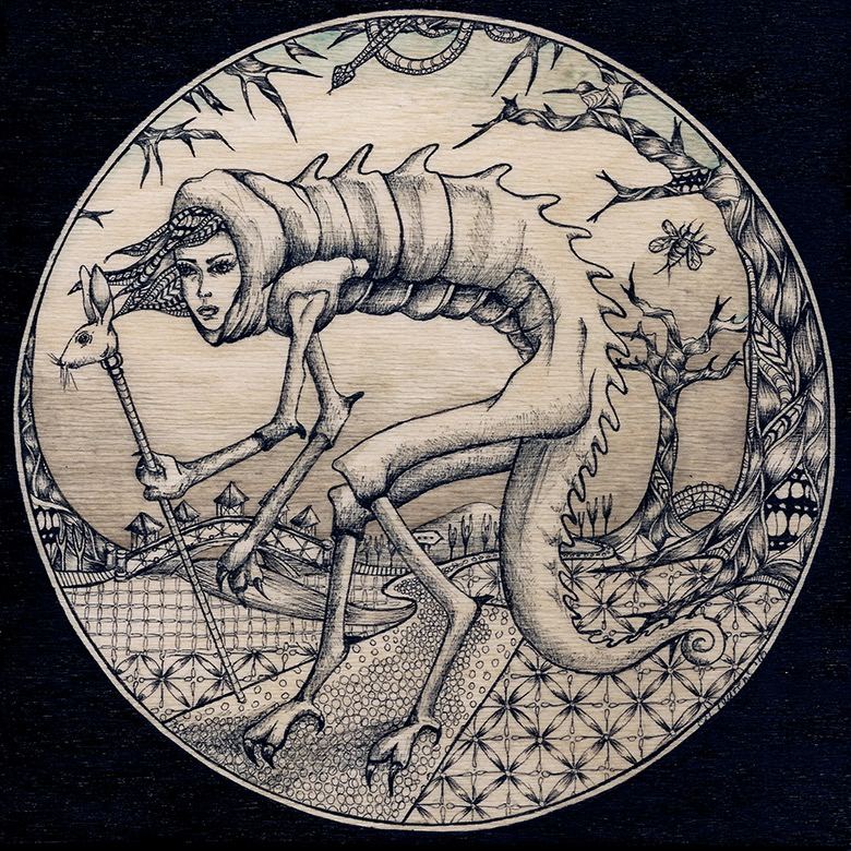 Leaving the City, ink drawing of a hybrid creature on wood