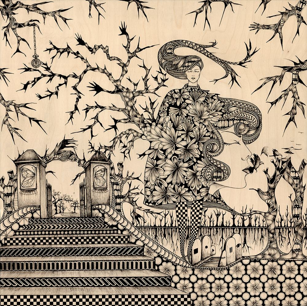 Rebirth — ink drawing on wood by Cil Laurens, a figure emerging from a flowering coat beside an ornate garden gate